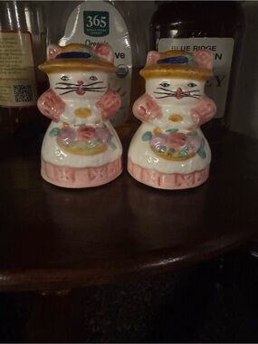 VTG Hand-Painted Pink Ceramic Cat Figurine Salt and Pepper Shakers - Unbranded